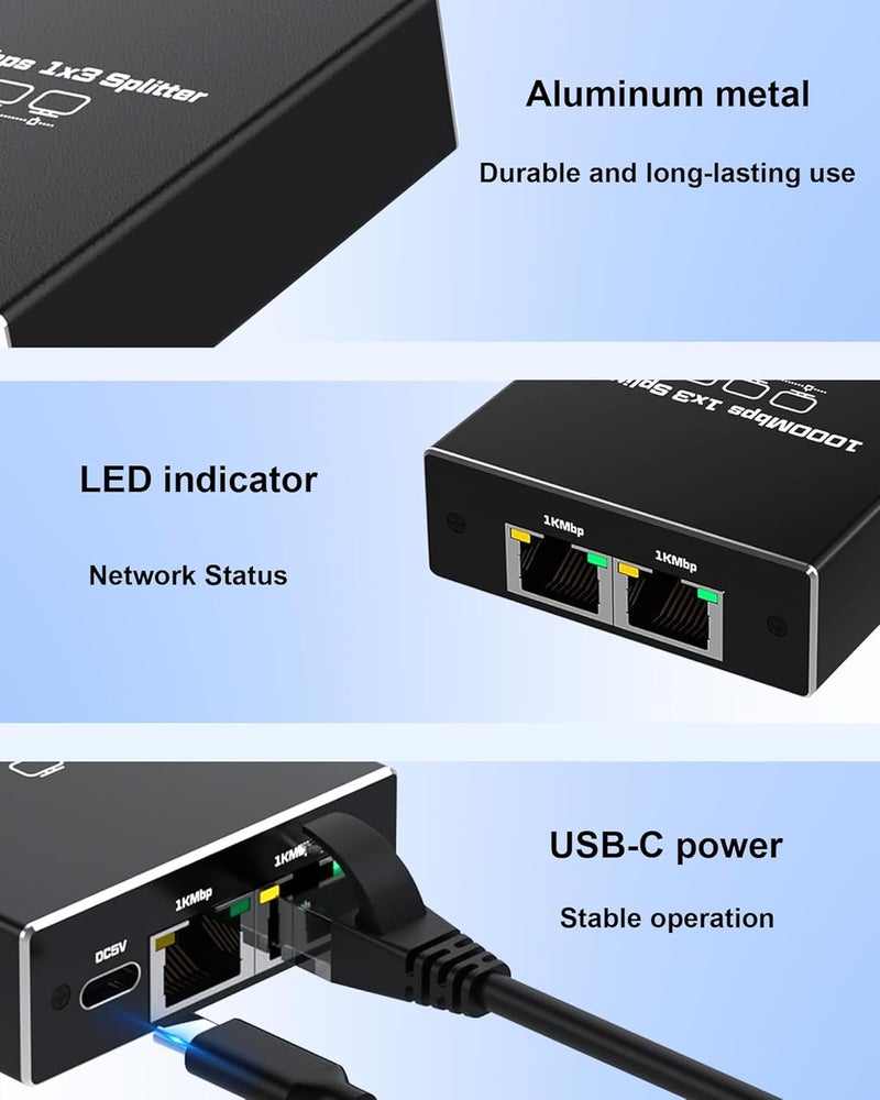 FSKY موزع إيثرنت جيجابت 1 إلى 3، موزع LAN من الألمنيوم 1000 ميجابت في الثانية RJ45 مع كابل طاقة USB-C لكابلات Cat5/5e/6/7/8 - Image 5